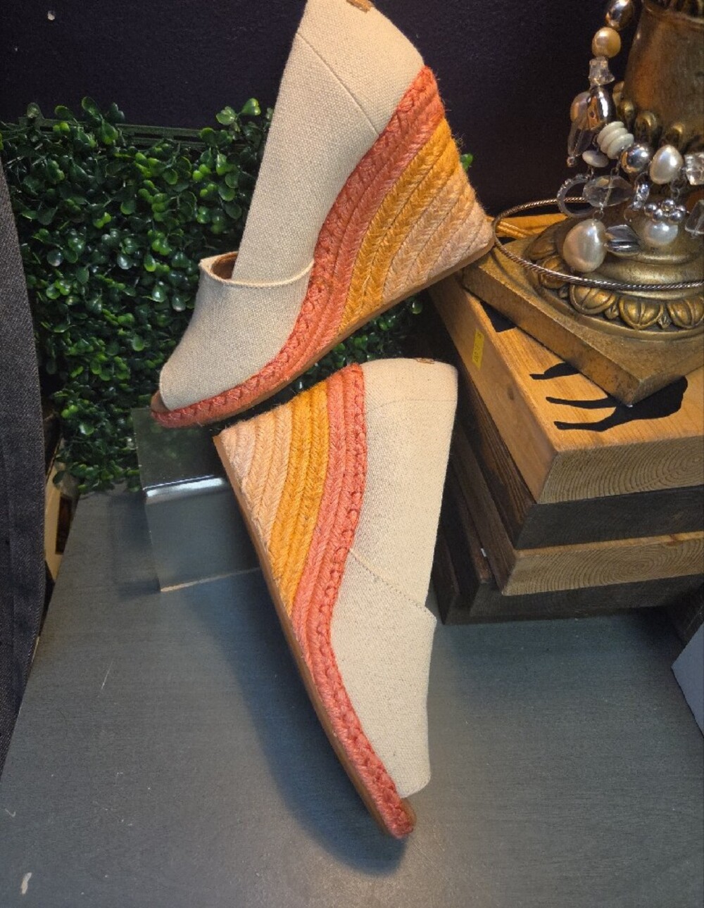 Toms Sunrise Canvas Peep-Toe Wedges with Orange & Yellow Braided Espadrille Heel
